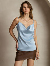 [Grayish Blue] SilkSilky  19Momme Stretch Silk Charmeuse Spaghetti Strap Cowl Neck Camisole Top 001