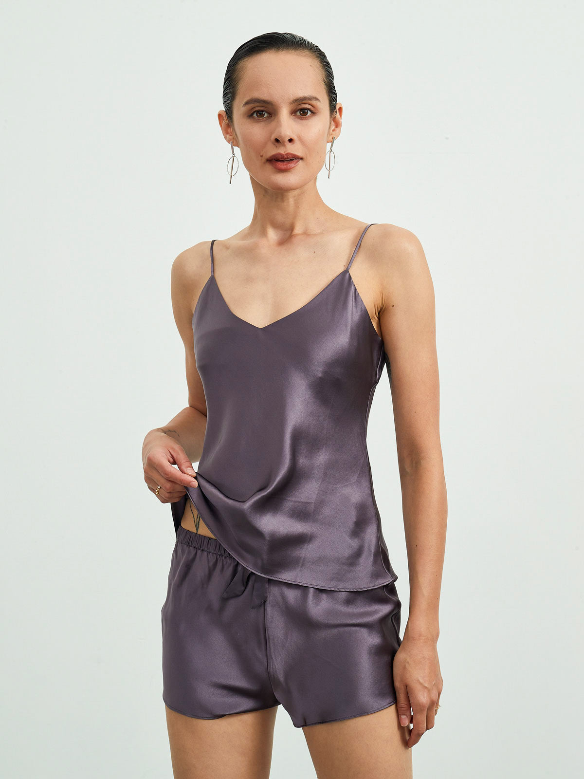 SilkSilky  22Momme Pure Silk Sleeveless V Neck Camisole Set PurpleGray 001