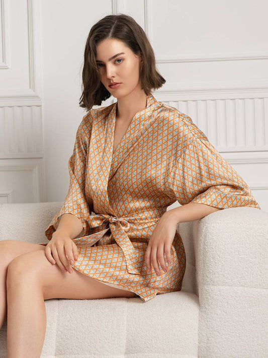 SilkSilky Pure Silk 3/4 Sleeve V Neck Women's Robe Champagne 001