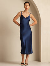 [Dark Blue] SilkSilky Spaghetti Strap V Neck Dress 003