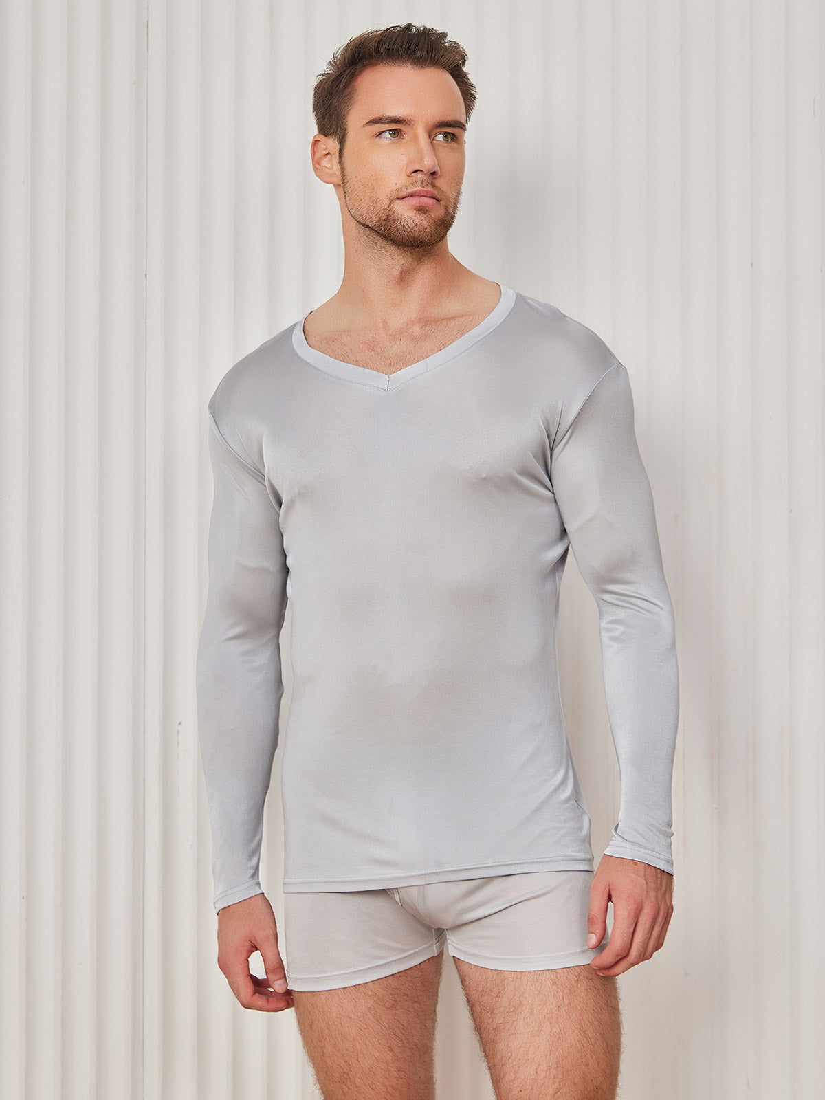 SilkSilky US Silk Knitted Long Sleeve V Neck Men's T Shirt LightGray 004