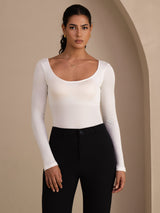 [White] SilkSilky Long Sleeve U Neck Women's T-Shirt 001