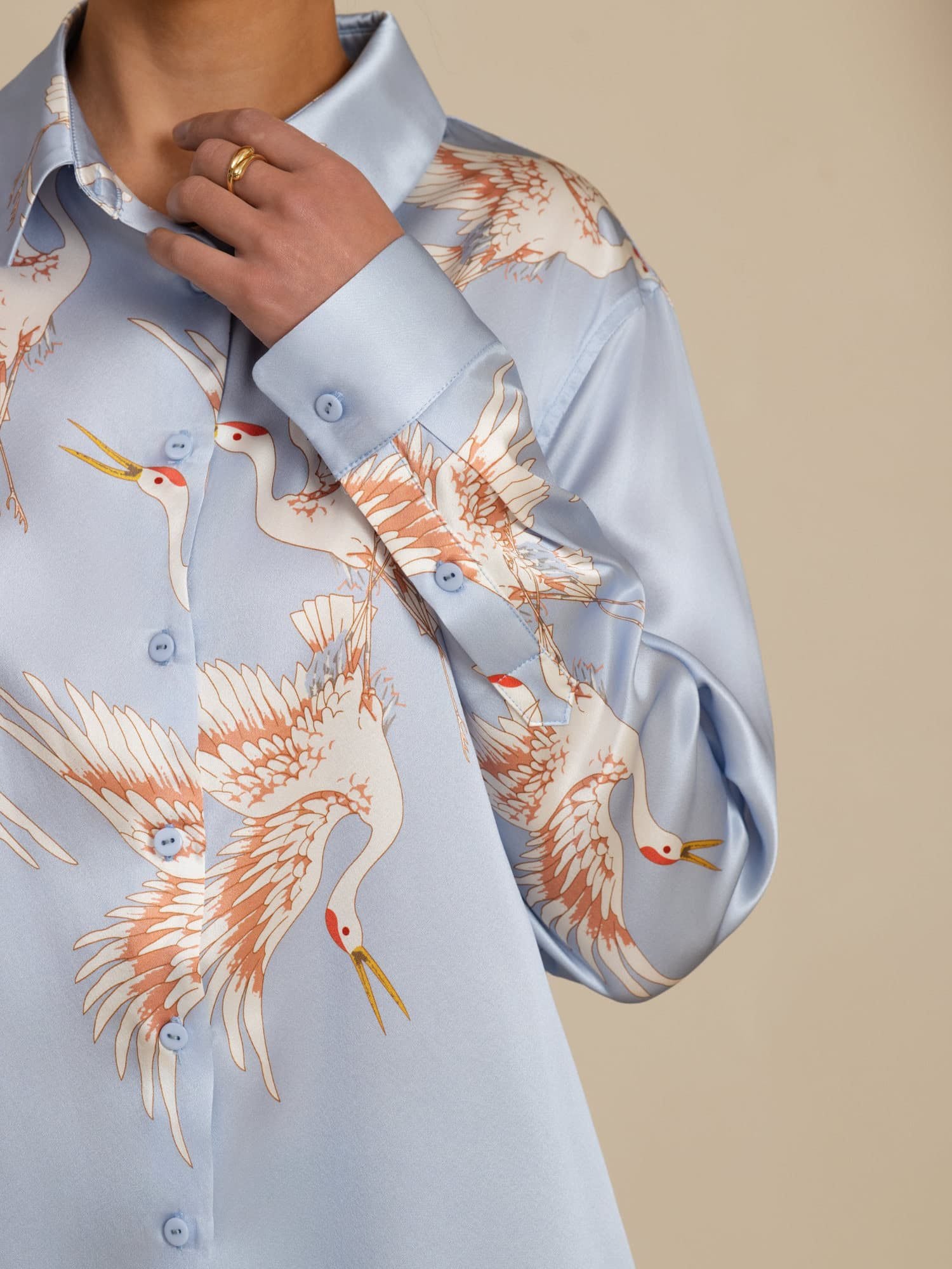 [Light Blue] SilkSilky  19Momme Long Sleeve Lapel Collar Women's Shirt 006