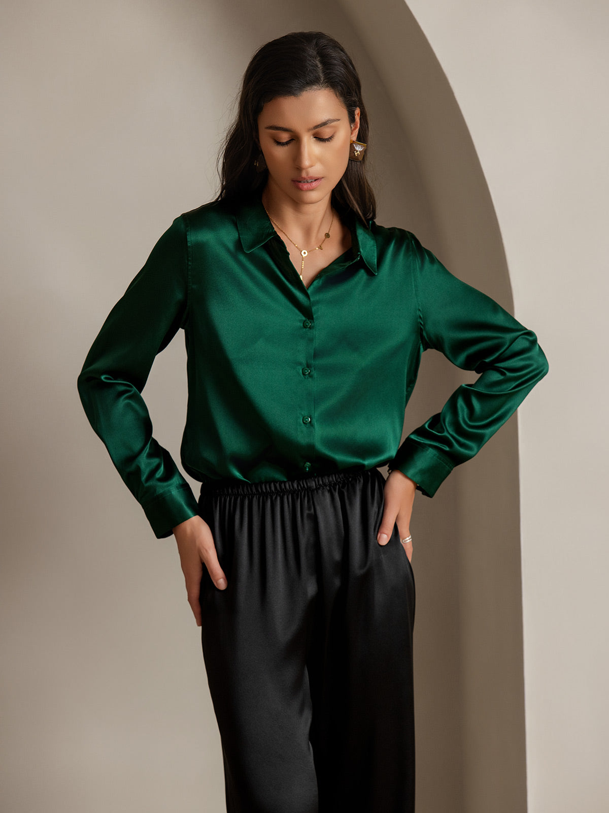 [Dark Green] SilkSilky  Silk Lapel Collar Women's Shirt 003