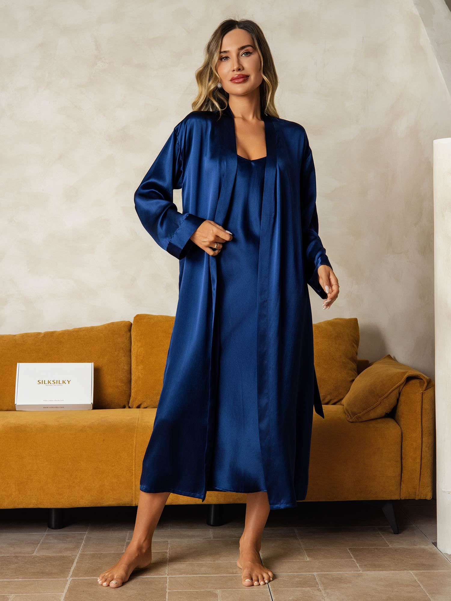 [DarkBlue] SilkSilky Pure Silk Wrap Nightgown&Robe Set 008