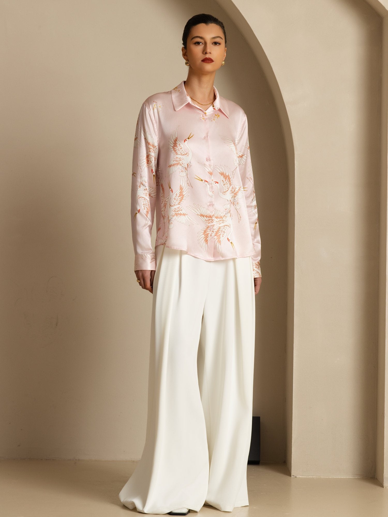 [Pink] SilkSilky  19Momme Long Sleeve Lapel Collar Women's Shirt 005