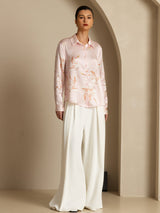 [Pink] SilkSilky  19Momme Long Sleeve Lapel Collar Women's Shirt 005