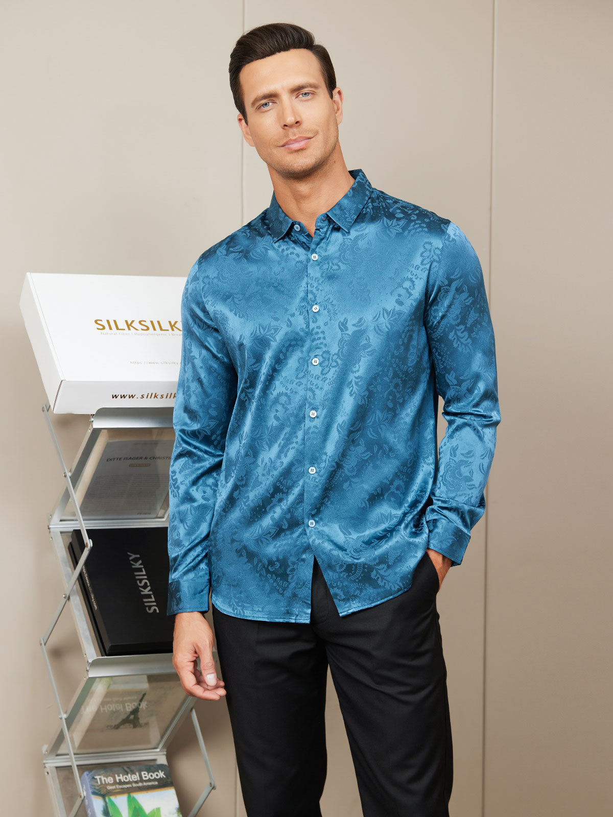 SilkSilky US Silk Blend Long Sleeve Collar Men's Shirt Teal 002