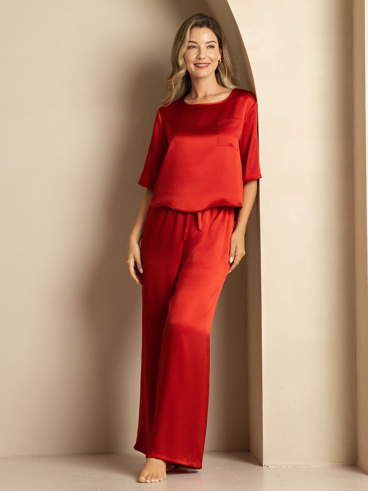 [Wine] SilkSilky  Pure Silk Round Neck Women's Pajamas 006