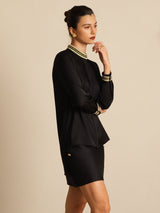 [Black] SilkSilky  19Momme Silk Long Sleeve Collar Blouse 004