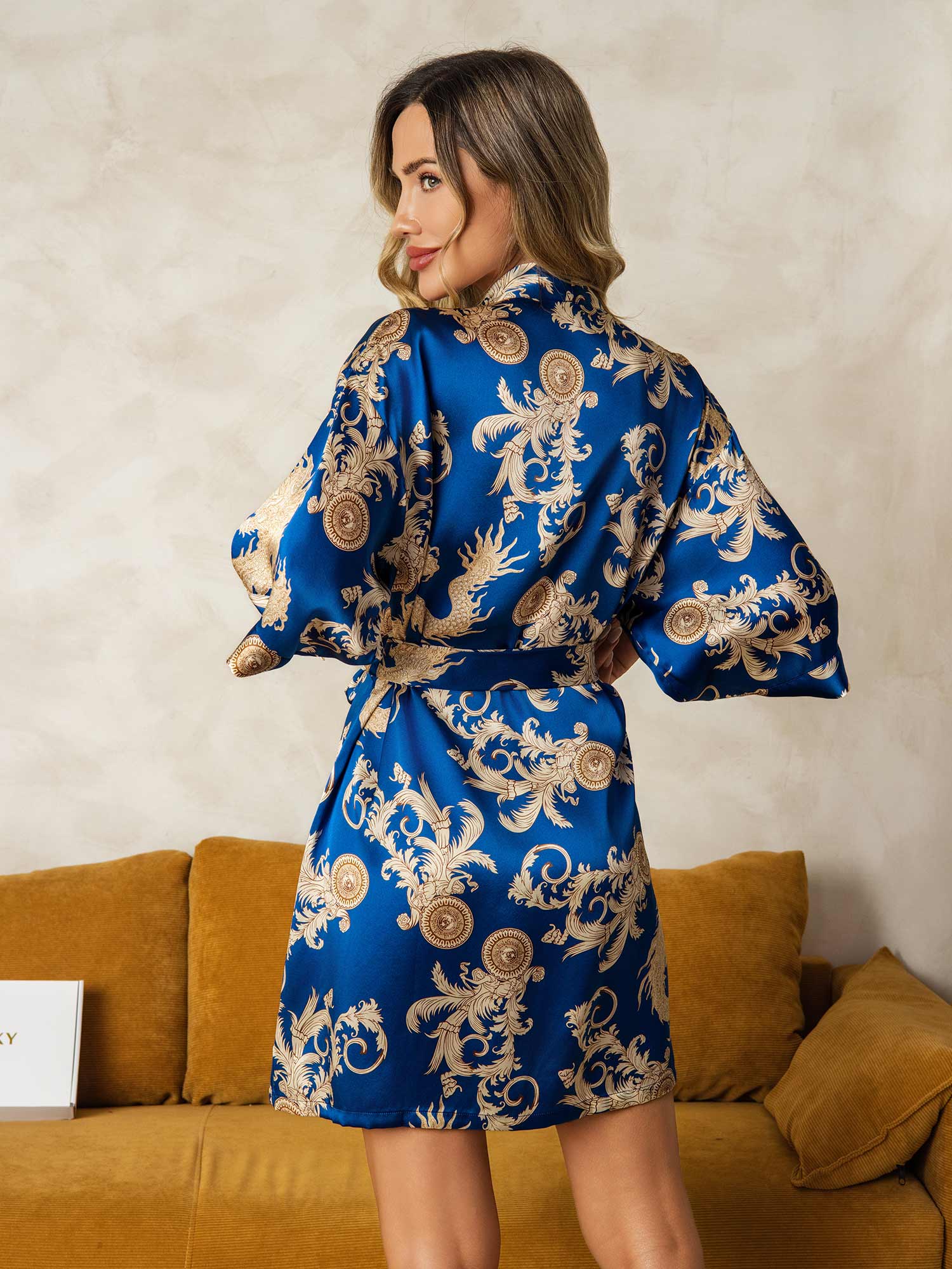 [Blue] SilkSilky  Pure Silk V Neck Women's Robe 002