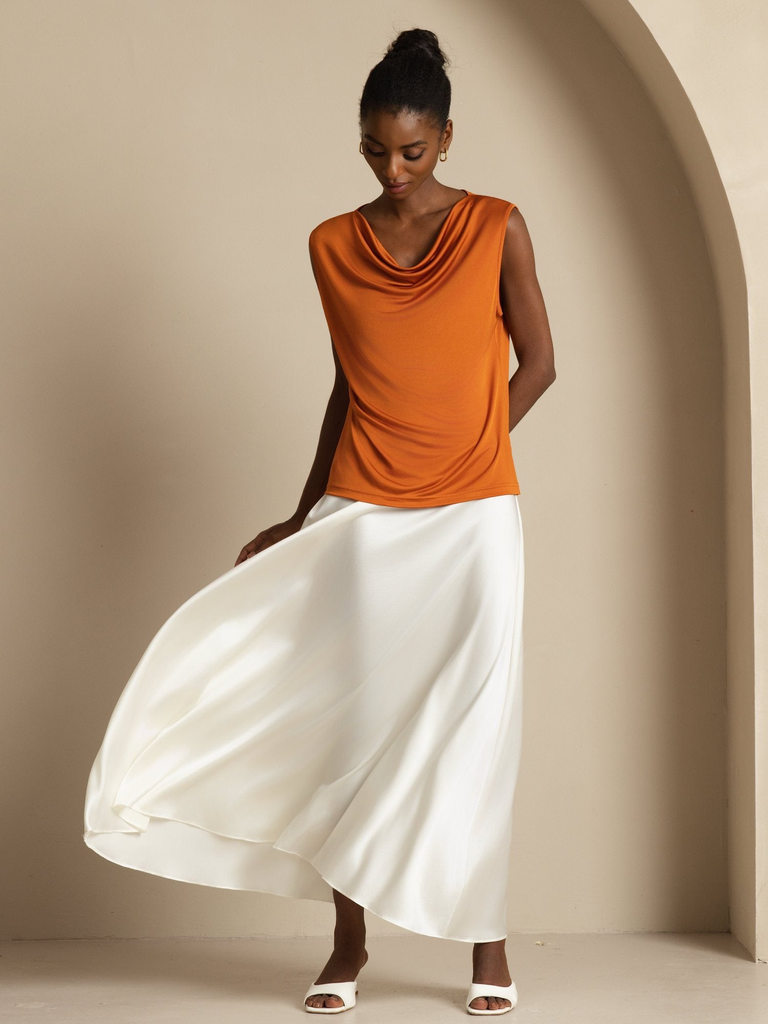 [Orange] SilkSilky Silk Sleeveless Cowl Neck Women's T-Shirt 004