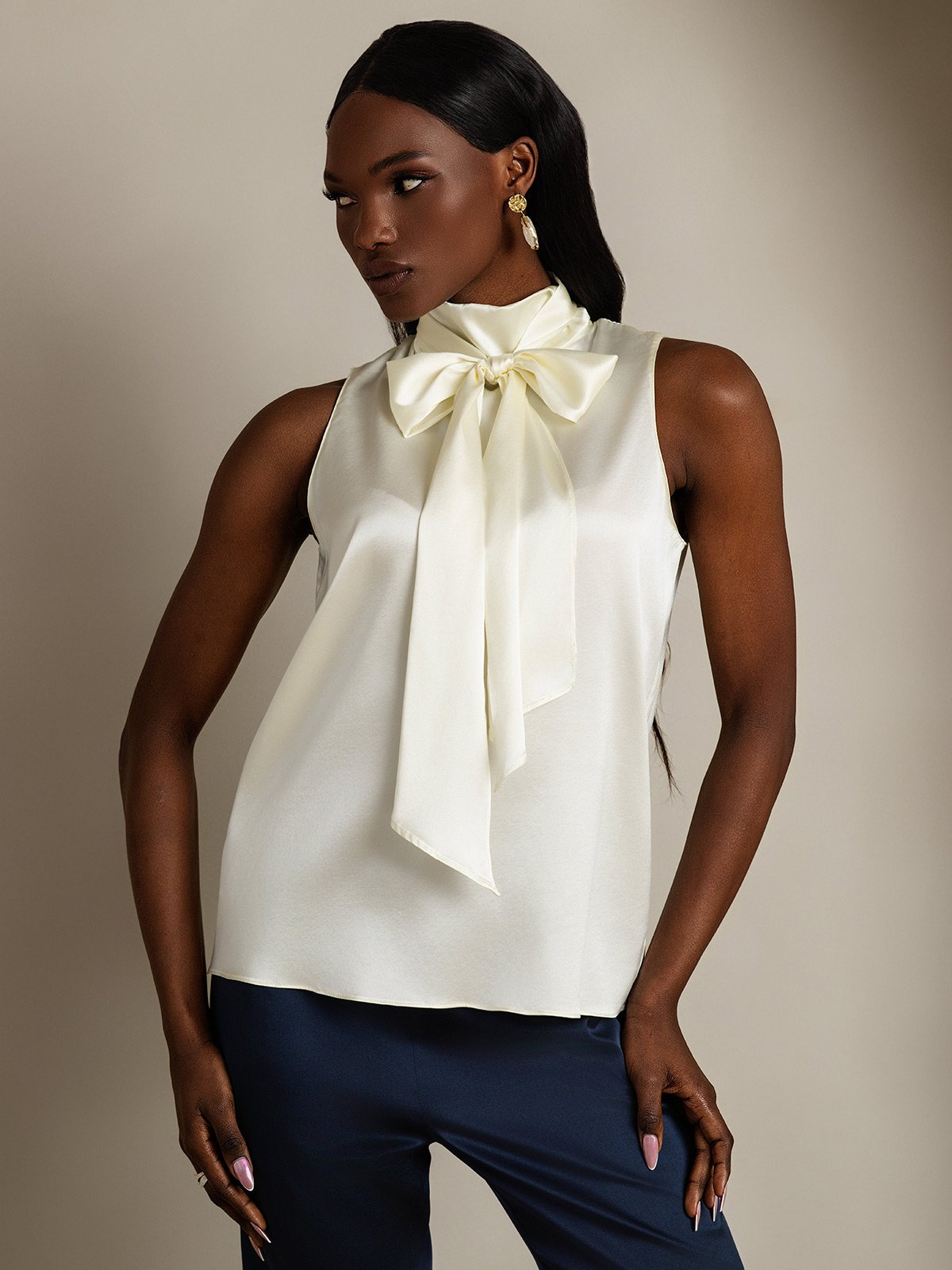 SilkSilky 19Momme Silk Tie Neck Women's Shirt Ivory 003
