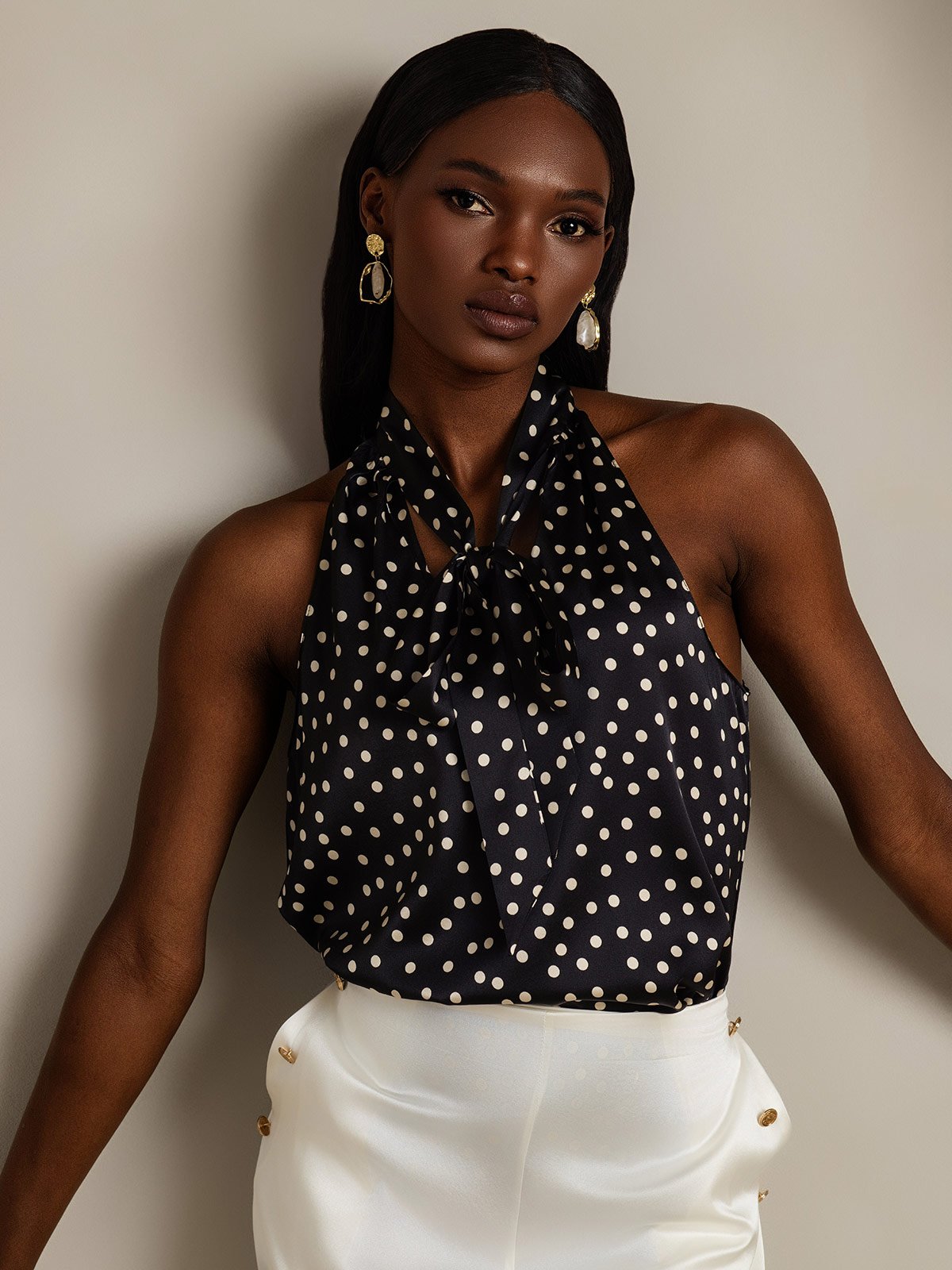 SilkSilky  19Momme Silk Sleeveless Tie Neck Women's Shirt Black+White 003