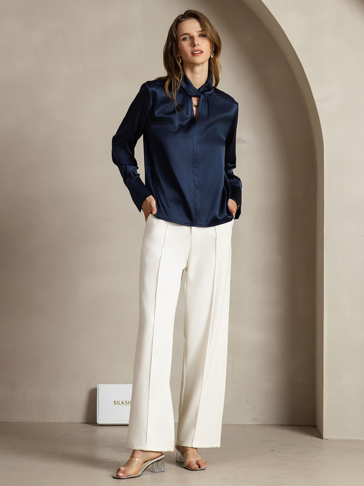 [DarkBlue] SilkSilky 19Momme Silk Keyhole Neck Women's Shirt 008