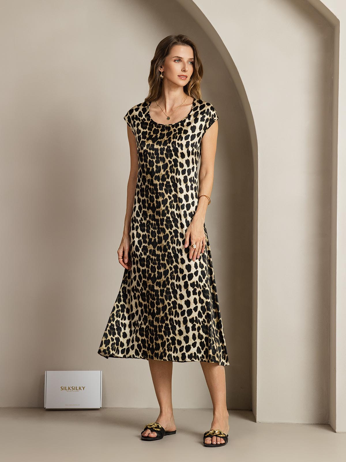[Leopard] SilkSilky  19Momme Silk Round Neck Dress 008