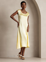 [Light Yellow] SilkSilky  19Momme Stretch Silk Charmeuse Cap Sleeve Scoop Neck Dress 003