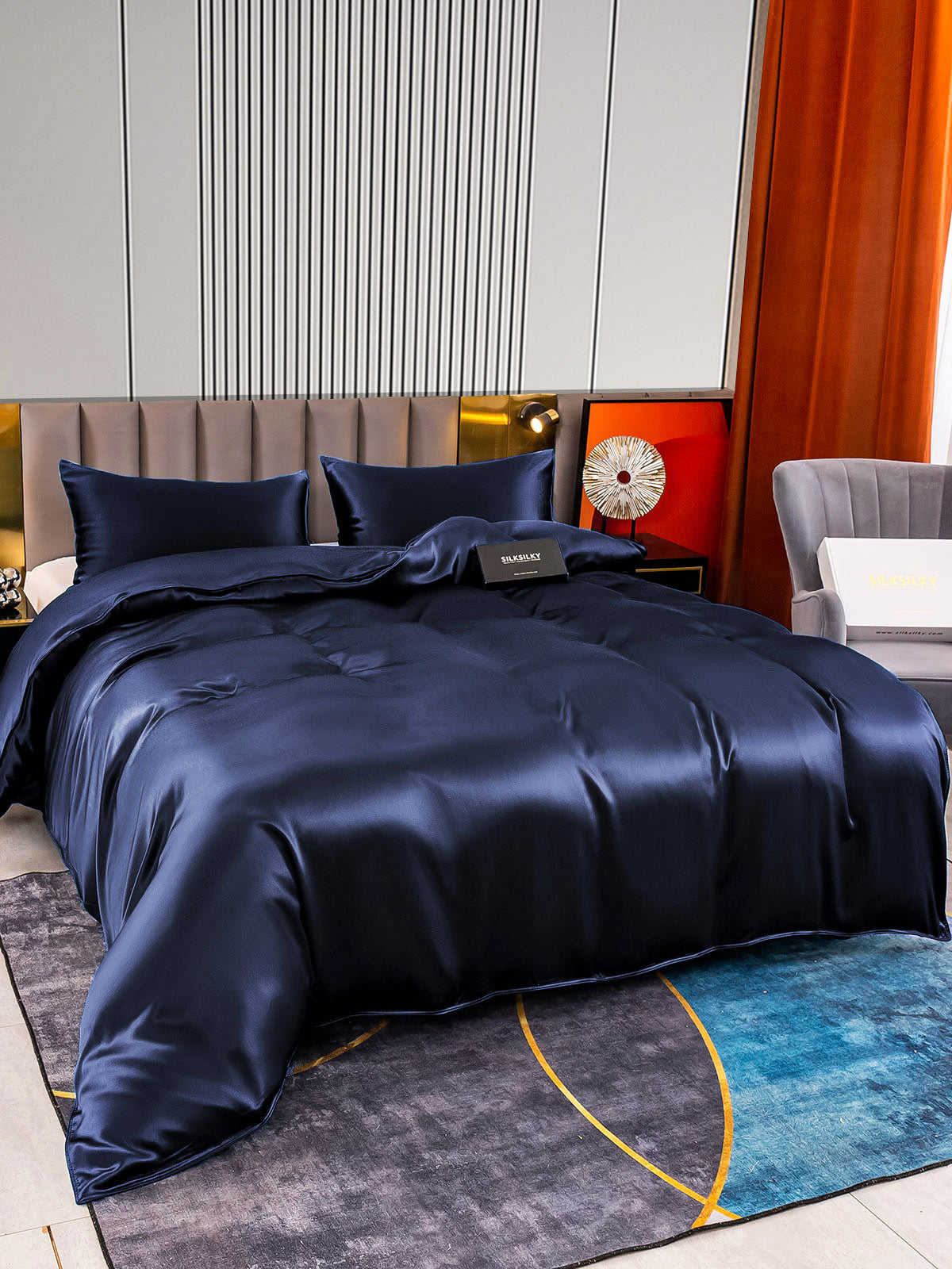 SilkSilky US 22Momme Pure Silk Bedding Set DarkBlue 004