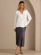 [White] SilkSilky Long Sleeve Deep V Neck Women's Blouse 005