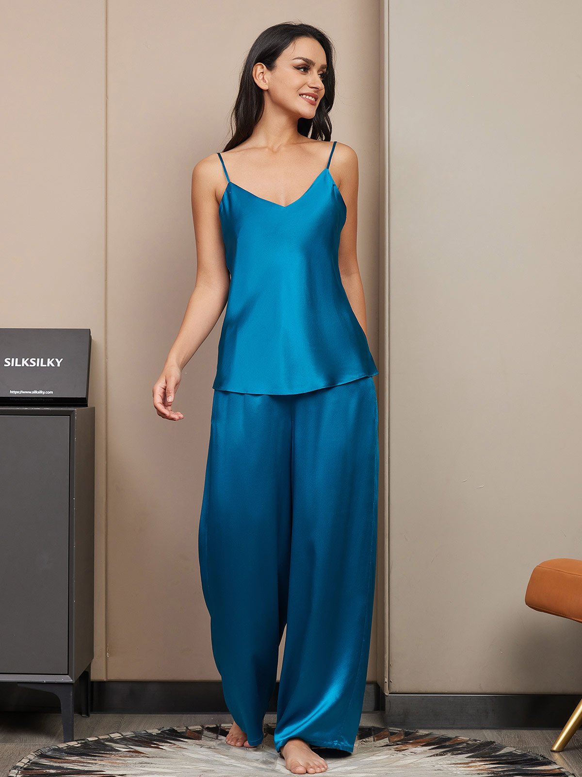 SilkSilky US Pure Silk Sleeveless V Neck Camisole Set Teal 003