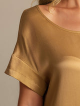 [Tan] SilkSilky  19Momme Machine-Washable Silk Short Sleeve Round Neck Nightgown 004