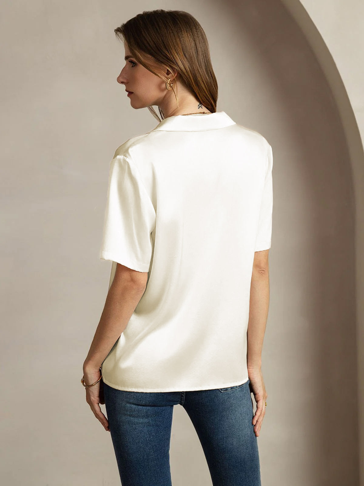 [Ivory] SilkSilky  19Momme Silk Notched Neck Women's Shirt 002