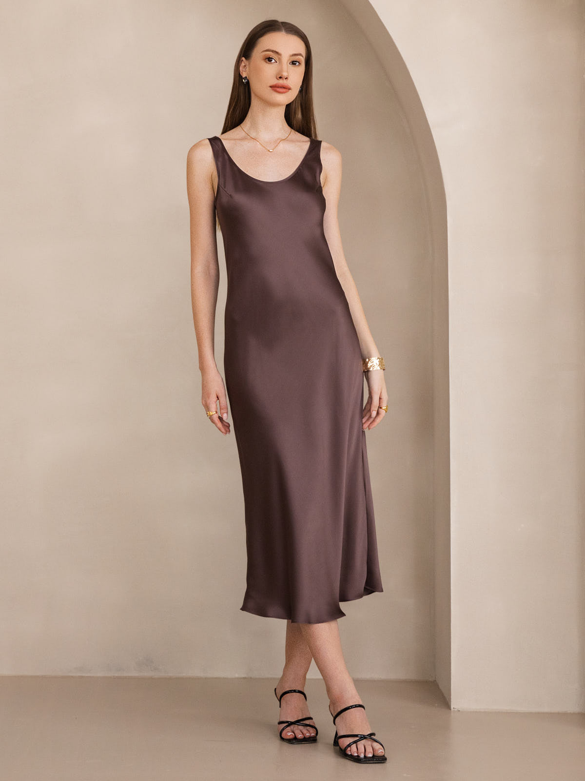 [Coffee] SilkSilky  Pure Silk Boat Neck Dress 001