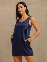 [Dark Blue] SilkSilky  19Momme Machine-Washable Silk Sleeveless Scoop Neck Nightgown 007