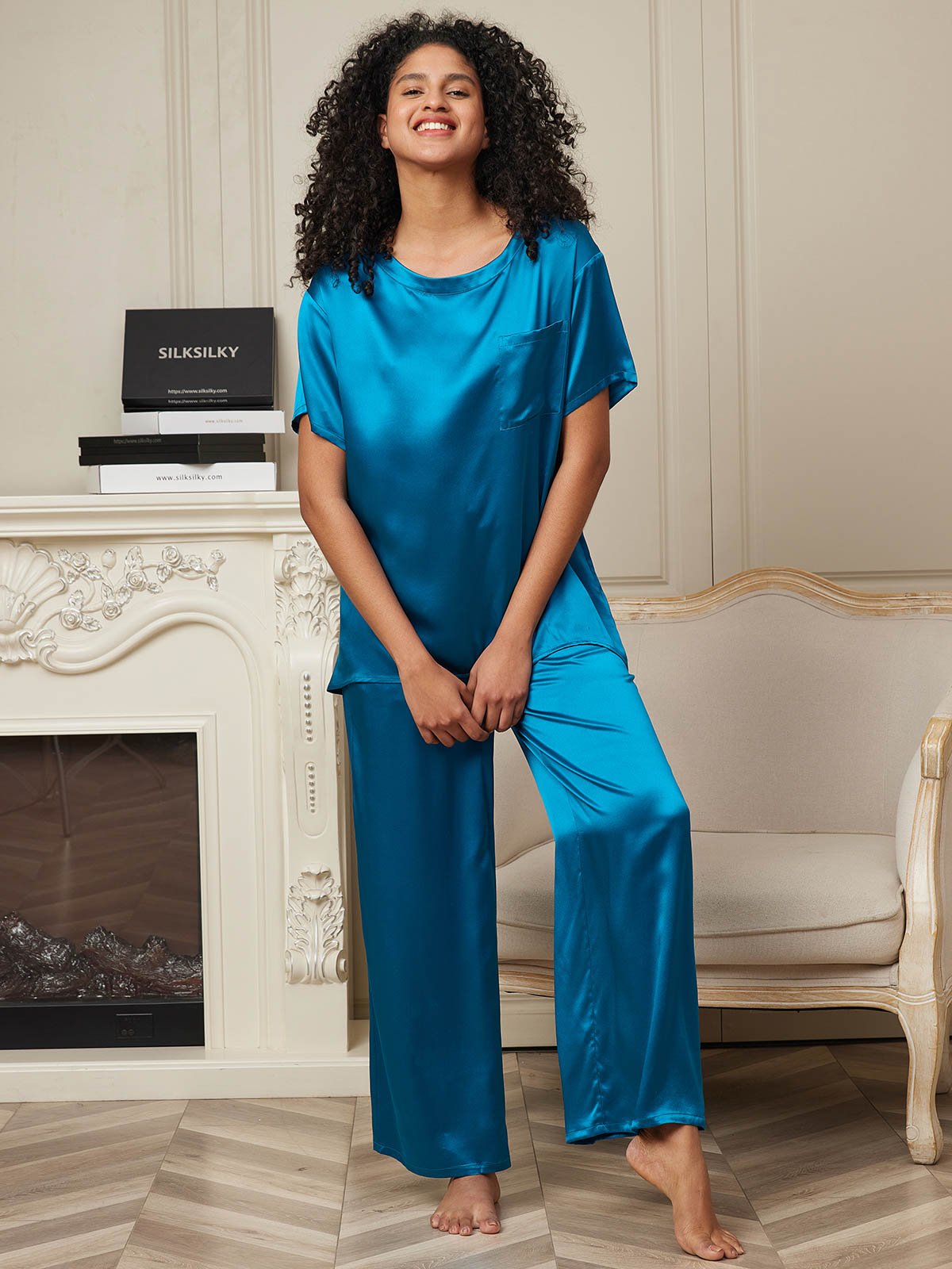 SilkSilky US Pure Silk Short Sleeve Womens Pajamas Teal 003