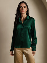 [Dark Green] SilkSilky  19Momme Stretch Silk Charmeuse Long Sleeve Lapel Collar Women's Shirt 004