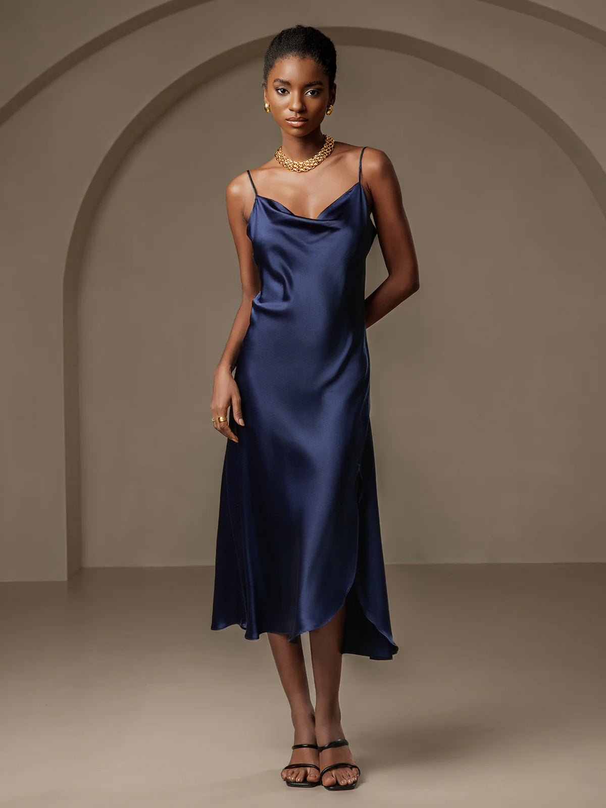 dark blue cowl neck dress Rihoas Satin Cowl Neck Midi Dress for Weddings, Cocktail Parties & Events, Blue / XS