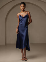 [Dark Blue] SilkSilky  Spaghetti Strap Cowl Neck Dress 001