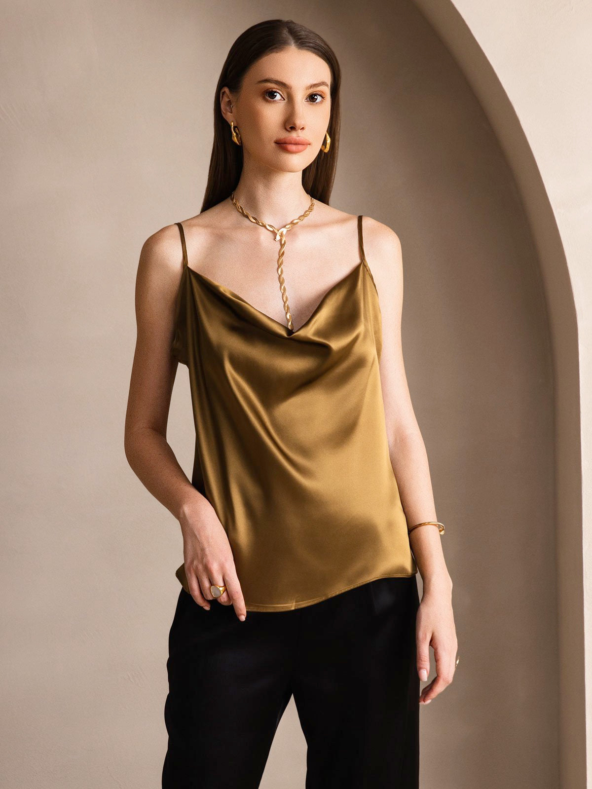 [Brown] SilkSilky  19Momme Stretch Silk Charmeuse Spaghetti Strap Cowl Neck Camisole Top 001