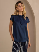 [Dark Blue] SilkSilky Short Sleeve Split Women's Blouse 001