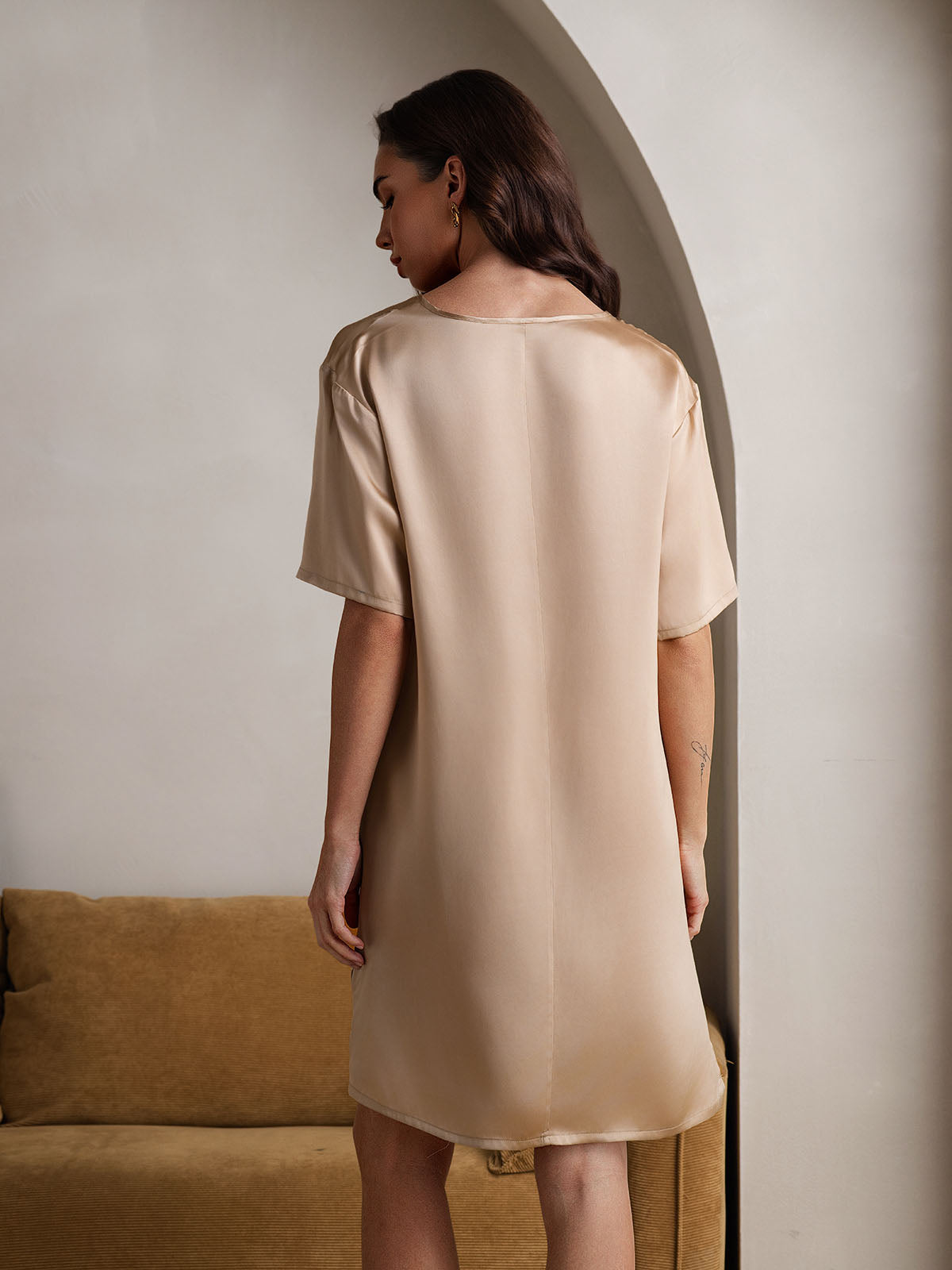 [Champagne] SilkSilky  Pure Silk V Neck Nightgown 002