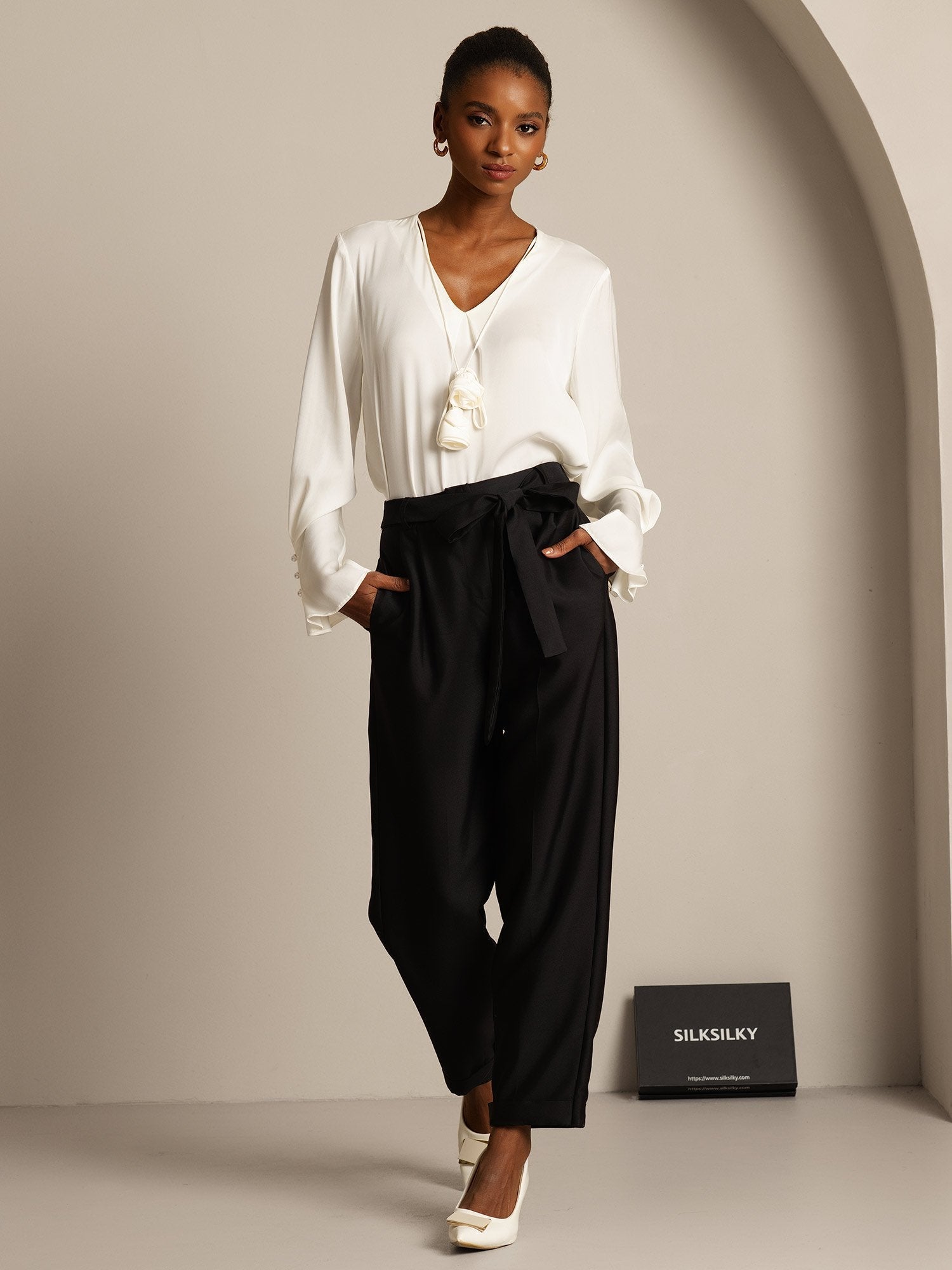 [Black] SilkSilky  32Momme Silk Womens Pants 003,