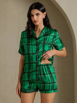 [Green Plaid] SilkSilky Short Sleeve Notch Collar Women's Pajamas 004