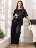 SilkSilky US Pure Silk Short Sleeve Round Neck Women's Pajamas Black 001