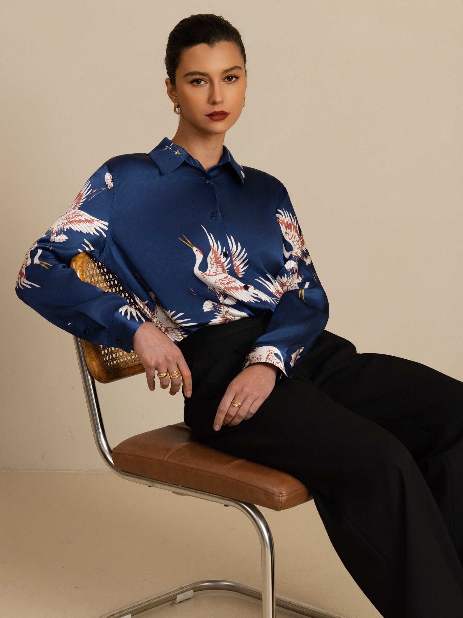 [Dark Blue] SilkSilky  19Momme Long Sleeve Lapel Collar Women's Shirt 005