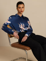 [Dark Blue] SilkSilky  19Momme Long Sleeve Lapel Collar Women's Shirt 005