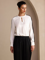 [White] SilkSilky Long Sleeve Keyhole Neck Women's Blouse 004