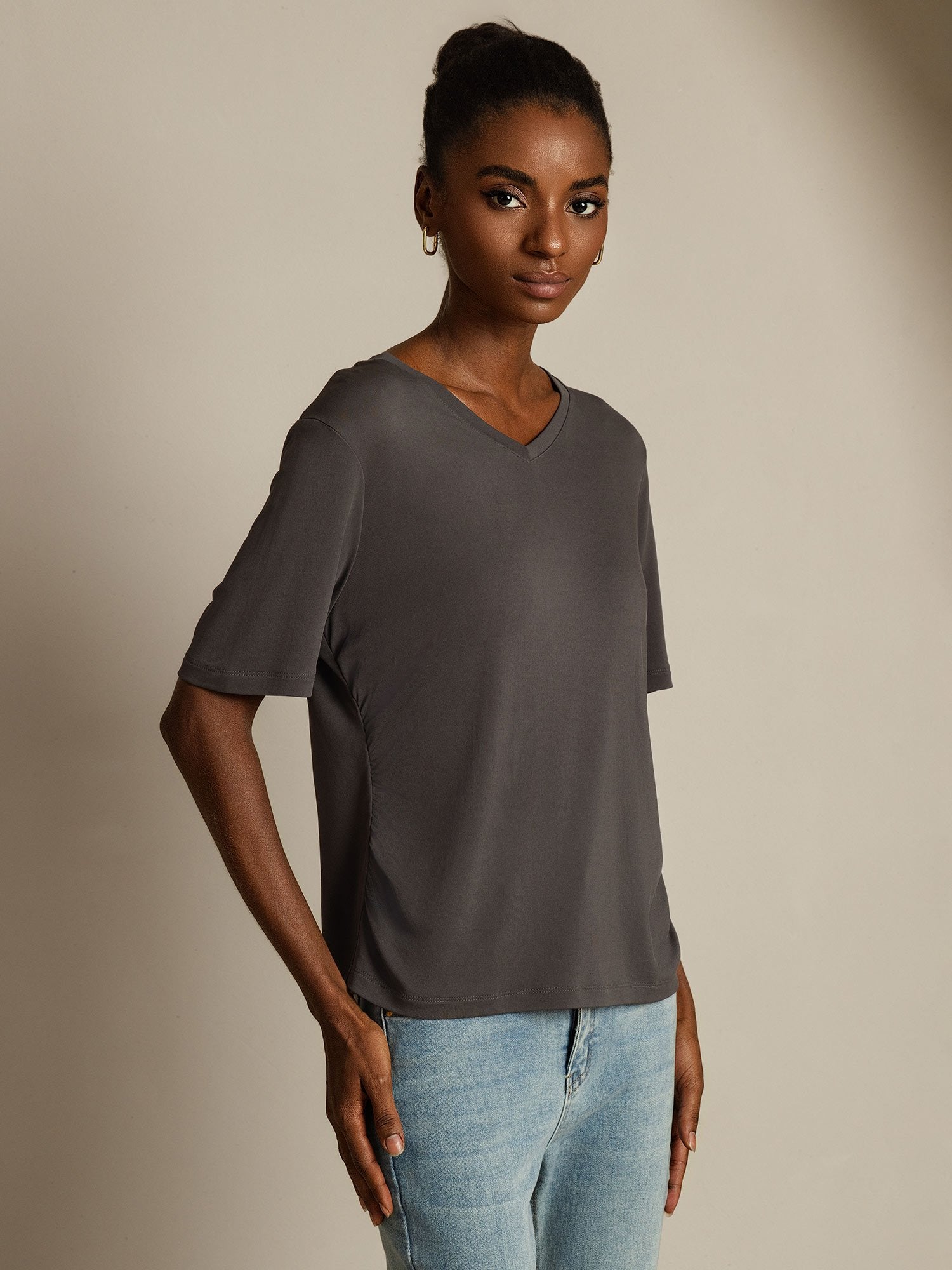 [Gray] SilkSilky Pure Silk V Neck Women's T-Shirt 001
