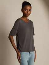 [Gray] SilkSilky  100% High-Twist Silk Jersey Short Sleeve V Neck Women's T-Shirt 001