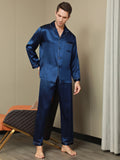 SilkSilky US Pure Silk Long Sleeve Lapel Men's Pajamas DarkBlue 007