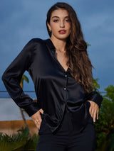 [Black] SilkSilky  Long Sleeve Lapel Collar Women's Shirt 003