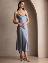 [Grayish Blue] SilkSilky  Pure Silk Spaghetti Strap V Neck Dress 004