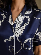 [Navy Cheetah] SilkSilky  Short Sleeve Notch Collar Women's Pajamas 006