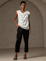 [White] SilkSilky  Cap Sleeve Cowl Neck Women's T-Shirt 004