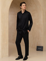 [Black] SilkSilky 19Momme Stretch Silk Charmeuse Long Sleeve Lapel Collar Men's Shirt 007
