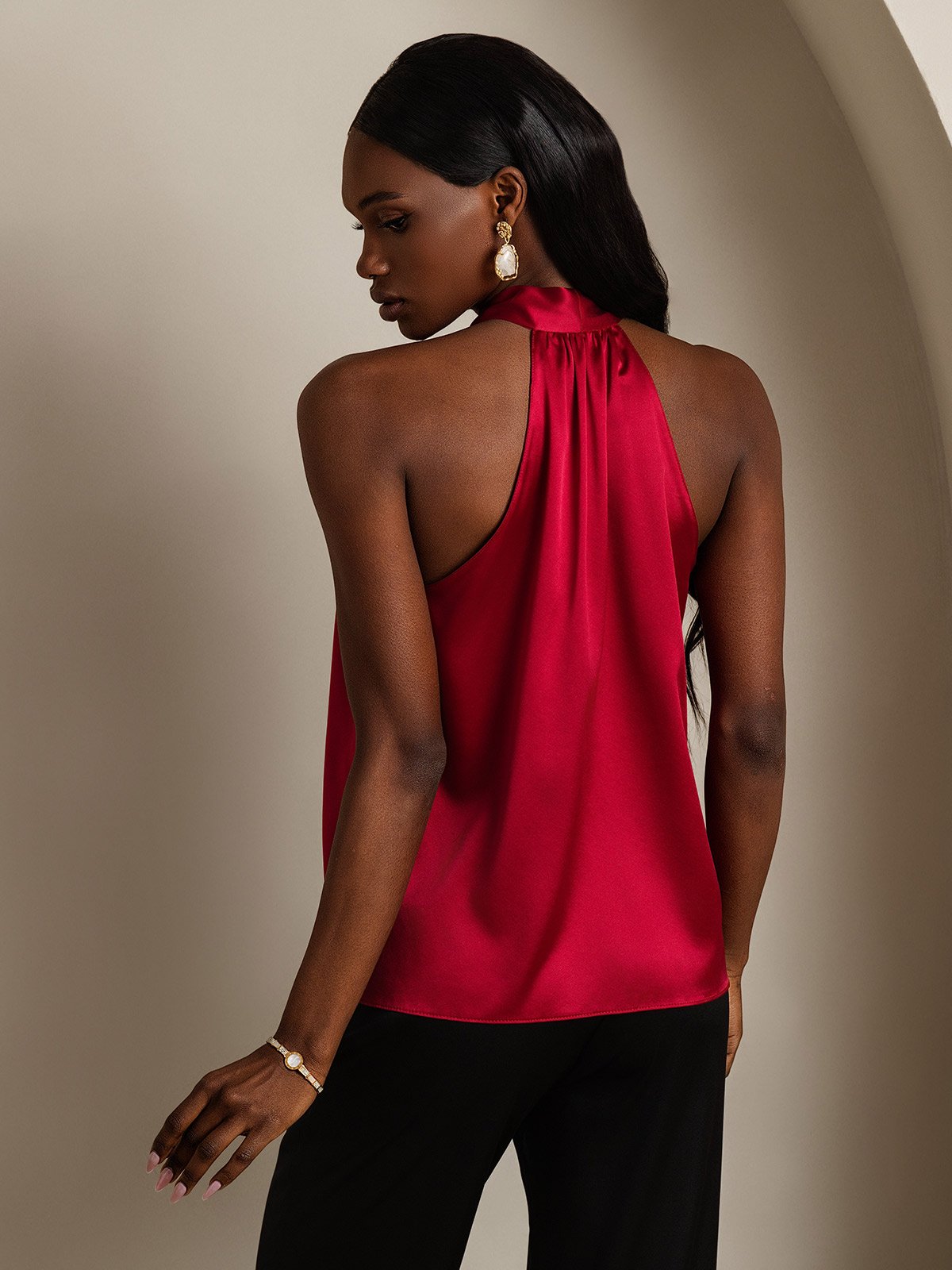 SilkSilky  19Momme Silk Sleeveless Tie Neck Women's Shirt Wine 002